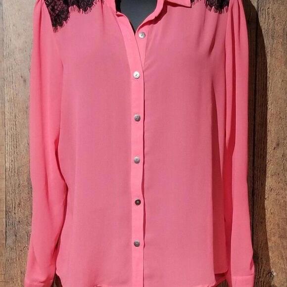 Vanity Top Large pink & Black Lace Cut out Semi Sheer Open Back Button blouse - Picture 1 of 4